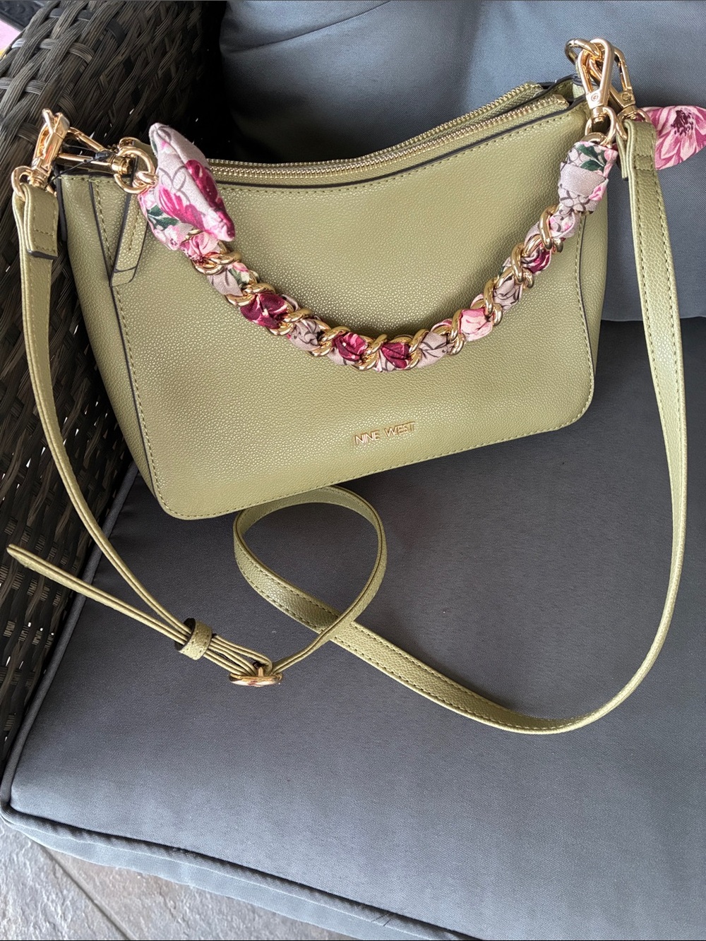 Nine West Olive Crossbody with Pink-Patterned Scarf Chain - Picture 2 of 15